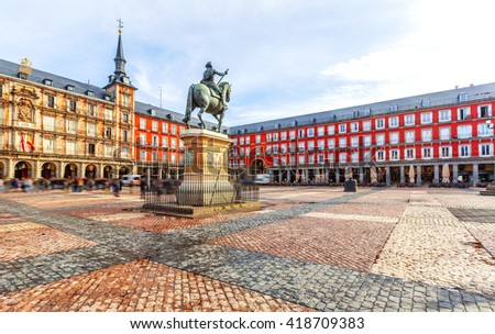 Plaza Mayor with statue of King Philips III in Madrid, Spain Royalty-Free Stock Photo #418709383