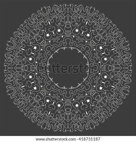 Mandala white. Black background. With word 'magic' inside the circle. Empty center