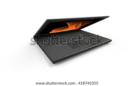 3d render of a black laptop isolated on white. The screen shows a orange flames and  abstract wave image. the screen is closed and facing forward