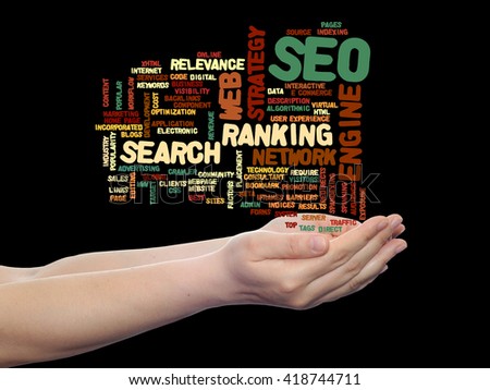 Concept or conceptual search engine optimization, seo abstract word cloud in hand isolated on background, metaphor to marketing, web, internet, strategy, online, rank, result,  network, top, relevance