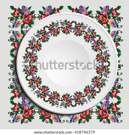 Table appointments in restaurant.. Decorative plate with round ethnic ornament. Ukrainian style. Floral (poppies and pansies) seamless pattern. Vintage background of napkin. Red, blue and green tones.
