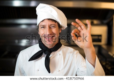 Portrait of happy male chef showing ok sign in commercial sign