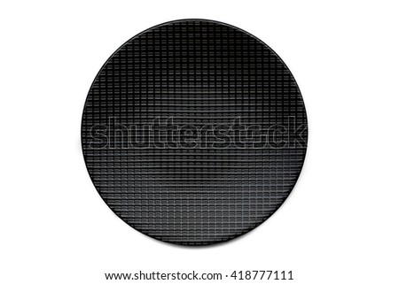 Top view of a black round plate isolated on white background. The plated is textured and spends a small shadow in the front.