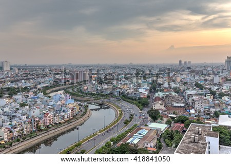 Beautiful dawn over downtown of Ho Chi Minh City, Vietnam.