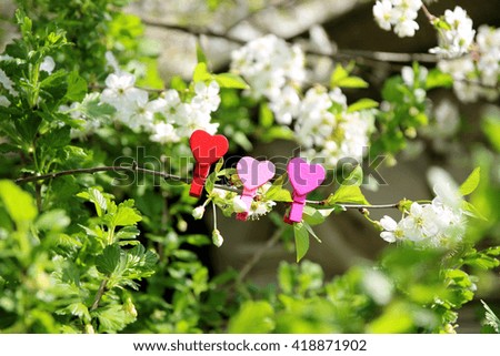 Love. Wooden heart in cherry blossom. Wooden clothespin in the form of heart