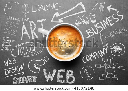 Cup of coffee on grey background, top view. Start up concept