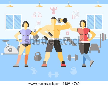 Bodybuilder narciss girls poster women and man in gym carry out training or workout vector illustration