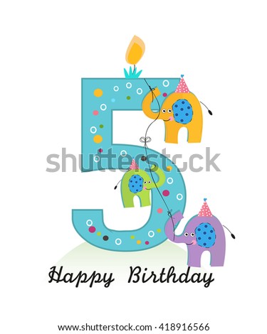 Happy fifth birthday with elephants baby boy greeting card vector