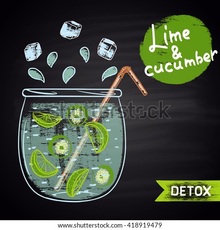   Colored chalk drawn illustration of jar with infused water. Lime and cucumber flavor. Detox and fitness theme. Healthy drink.
