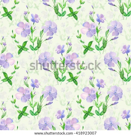 Watercolor floral seamless pattern with periwinkle, blue flower on a green background