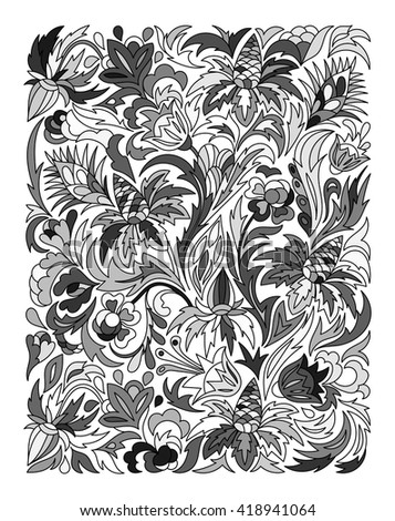 Ethnic colored floral zentangle, doodle background pattern rectangle in vector. Henna paisley mehndi doodles design. Good for cover design. Monochrome.