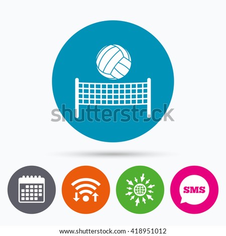Wifi, Sms and calendar icons. Volleyball net with ball sign icon. Beach sport symbol. Go to web globe.