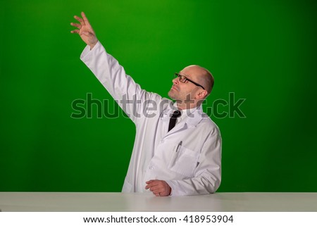 a white man in a white lab coat, glasses, on a green background