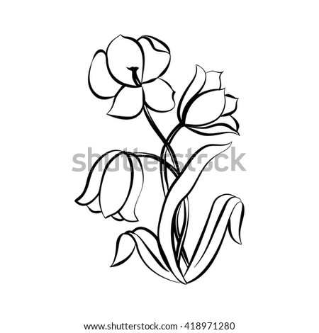 Flower tulip. Black outline on white background, vector illustration