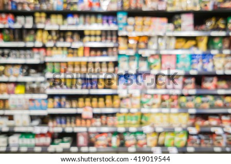 Blur abstract background of people shopping in super market ,products on shelves ,Supermarket with bokeh,customer defocus ,vintage color Royalty-Free Stock Photo #419019544