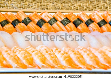 shrimp nigiri sushi , kani sushi , white tuna sushi