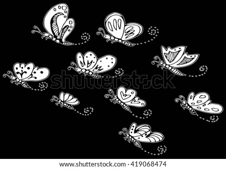 Set of hand drawn cute butterflies doodle.