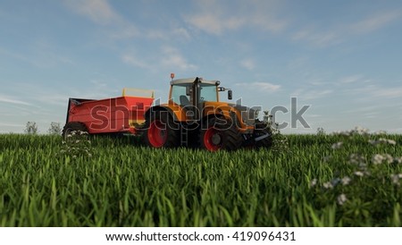 3d illustration of an orange tractor with fertilizer