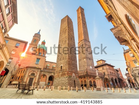 Two famous falling towers Asinelli and Garisenda in the morning, Bologna, Emilia-Romagna, Italy Royalty-Free Stock Photo #419143885