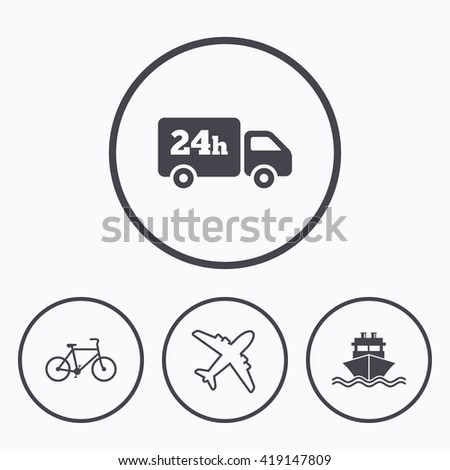 Cargo truck and shipping icons. Shipping and eco bicycle delivery signs. Transport symbols. 24h service. Icons in circles.