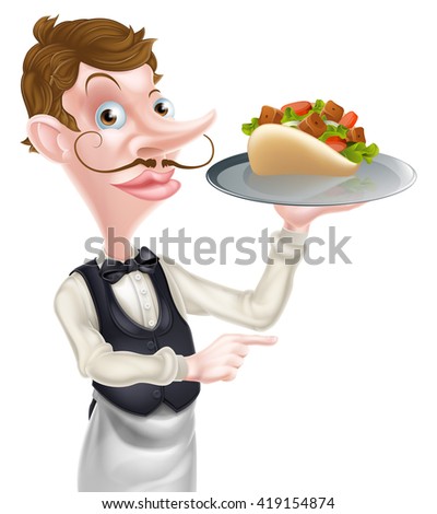 An Illustration of a Cartoon Kebab Pita Waiter Pointing