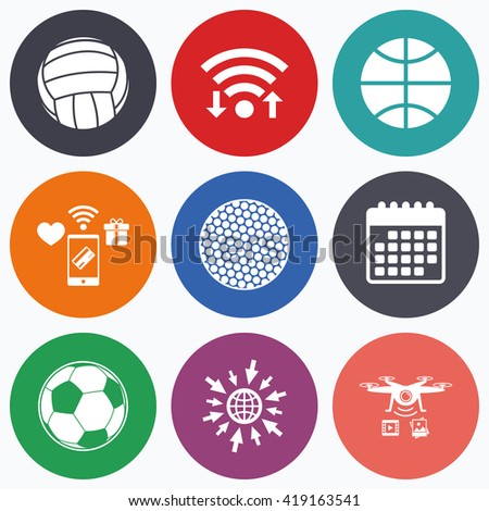 Wifi, mobile payments and drones icons. Sport balls icons. Volleyball, Basketball, Soccer and Golf signs. Team sport games. Calendar symbol.