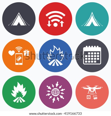 Wifi, mobile payments and drones icons. Tourist camping tent icons. Fire flame sign symbols. Calendar symbol.