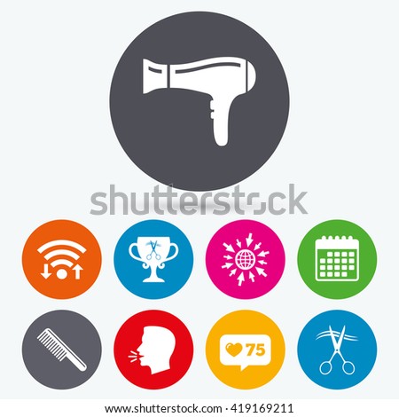 Wifi, like counter and calendar icons. Hairdresser icons. Scissors cut hair symbol. Comb hair with hairdryer symbol. Barbershop winner award cup. Human talk, go to web.