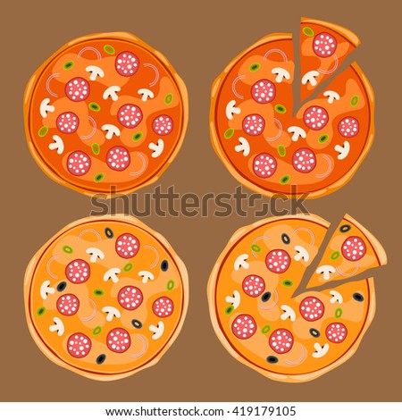Whole pizza and pizza with separated slice with salami or pepperoni, mushrooms, black and green olives. Yummy pizza with toppings