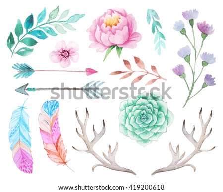 Set of hand painted watercolor flowers, feathers, antlers and arrows in bohemian style. Boho rustic composition perfect for floral design projects