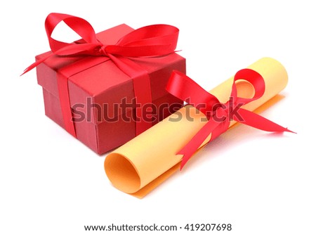 gift box with roll of paper on white background