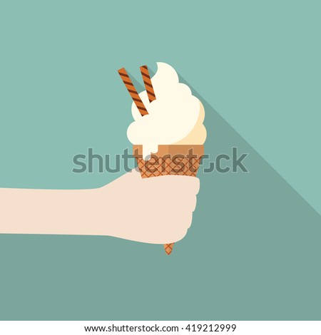 Hand with ice cream cone. flat style with long shadow