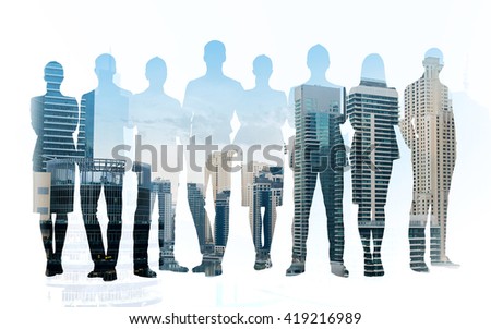 business, teamwork and people concept - business people silhouettes over city background with double exposure effect