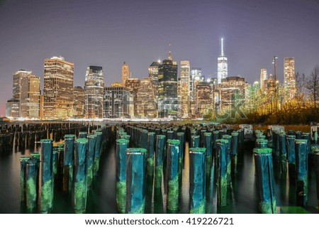 landscape of skyscrapers of New York at night from Brooklyn Park. in the photo are no trademarks