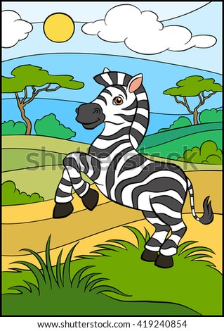Cartoon wild animals for kids. Little cute zebra stands in the grass and smiles.