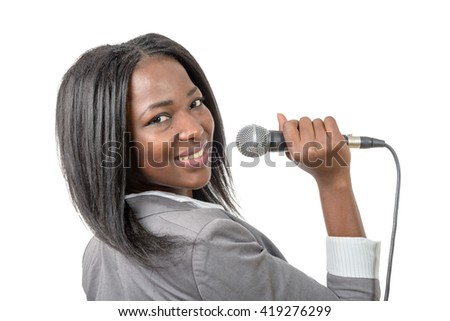 a young African american journalist with a microphone, white background
