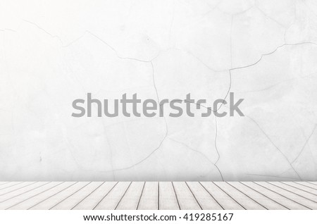 interior room with Dirty white concrete or cement with wooden floor. perspective wood plank white color floor with concrete or cement wall in white tone texture background for interiors design.