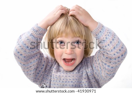 Child scratch head that itch or holds head in frustration or anger whilst screaming. boy isolated on white