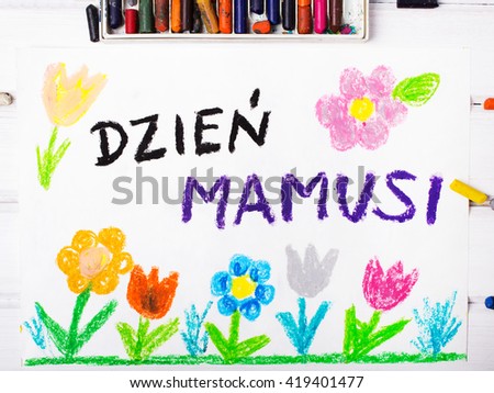 Colorful drawing - Polish Mothers Day card with words "Mother's Day"