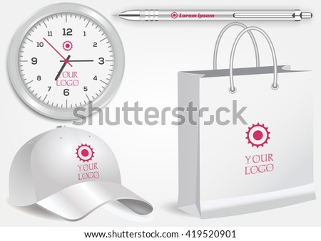 Blank realistic clock, shopping bag, white pen and baseball cap isolated on white vector. Display Mock up for corporate identity and promotion objects