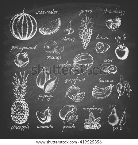 Set of fruits on the blackboard. Hand drawn elements. Vector illustration.