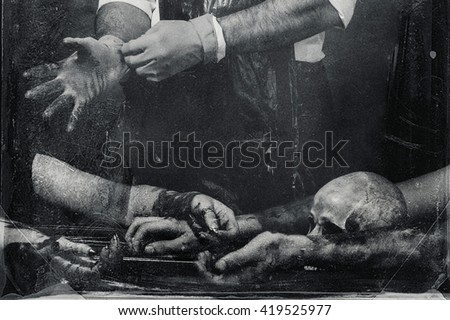 Hands of a maniac wearing rubber gloves. Bones and corpses at the bottom. Textured grunge black and white background