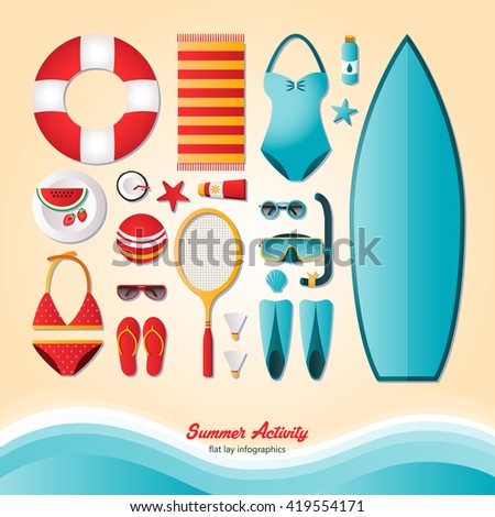Summer activity, flat lay infographics. Summer sports and recreation. Surfing, diving, badminton, swimming, relaxing on the beach. It can be used in advertising, web design, graphic design.
