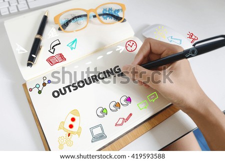 drawing icon cartoon with OUTSOURCING  concept on paper in the office 
