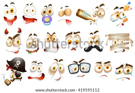 Facial expressions on white background illustration