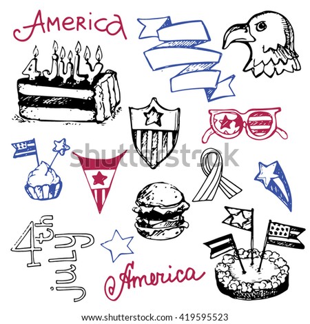 Hand drawn set of American Independence Day. 4th of July.  USA Vector illustration.