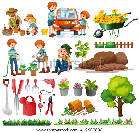 Family members doing chores and gardening illustration
