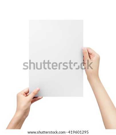 Hands holding paper blank a4 size for letter paper. Royalty-Free Stock Photo #419601295