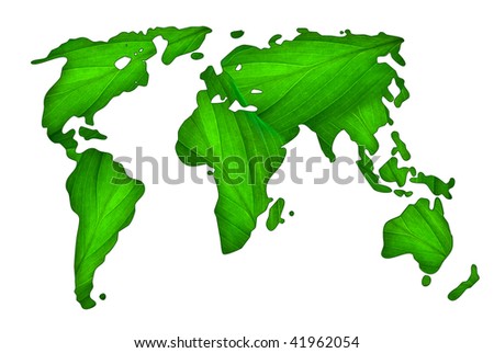 Green earth planet  from fresh leaves. map of the world. isolated on white