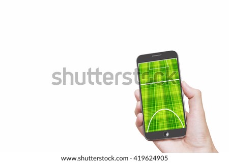 Man hand holding mobile smart phone with football stadium,on white background